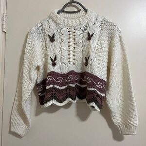 Vtg Womens Cottage Chunky Crochet Sweater Sz M/L Oversize Fairy Scandi Boho Folk
